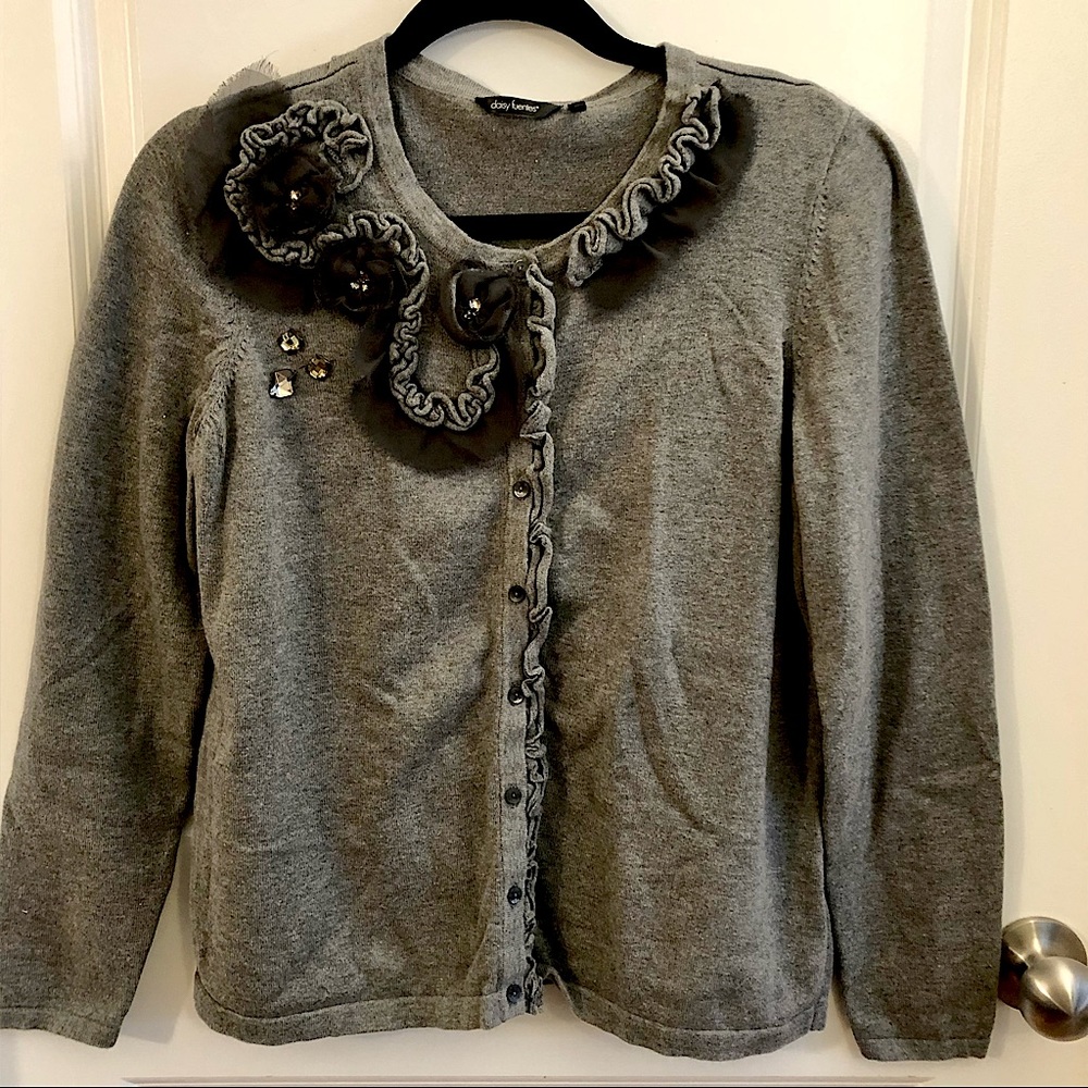 Daisy Fuentes cardigan sweater with ruffles and embellishments